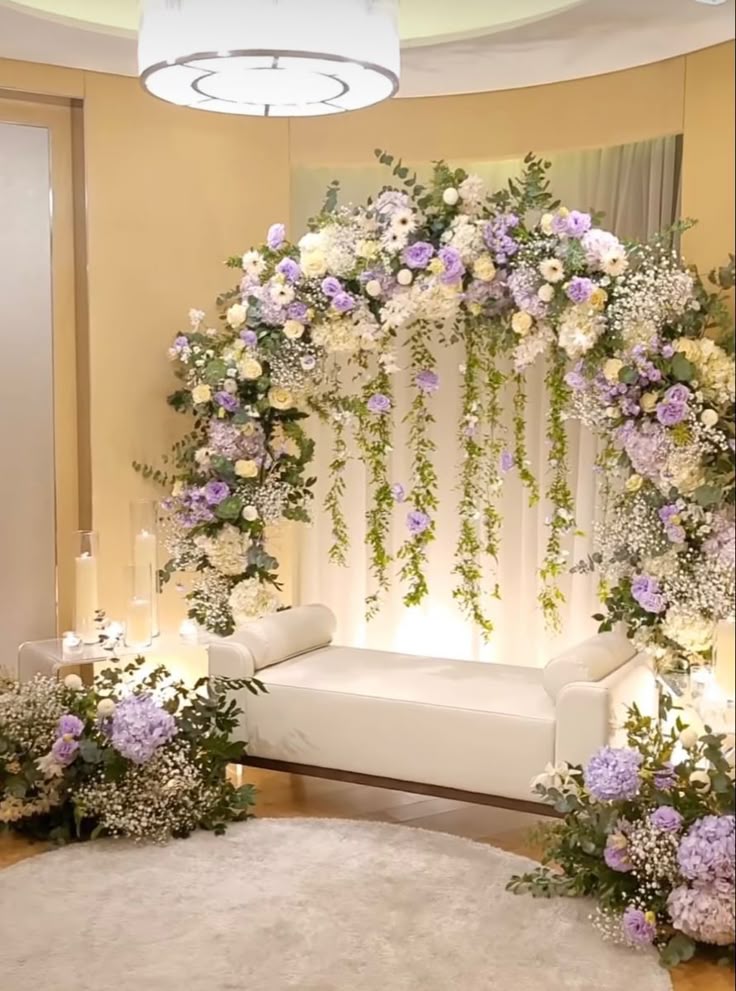 Lavender & White Floral Arch Backdrop with Elegant Seating