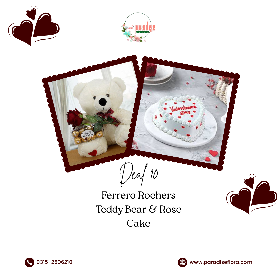 Valentine’s Special Deal 10: Ferrero Rocher, Teddy Bear, Rose & Heart Cake