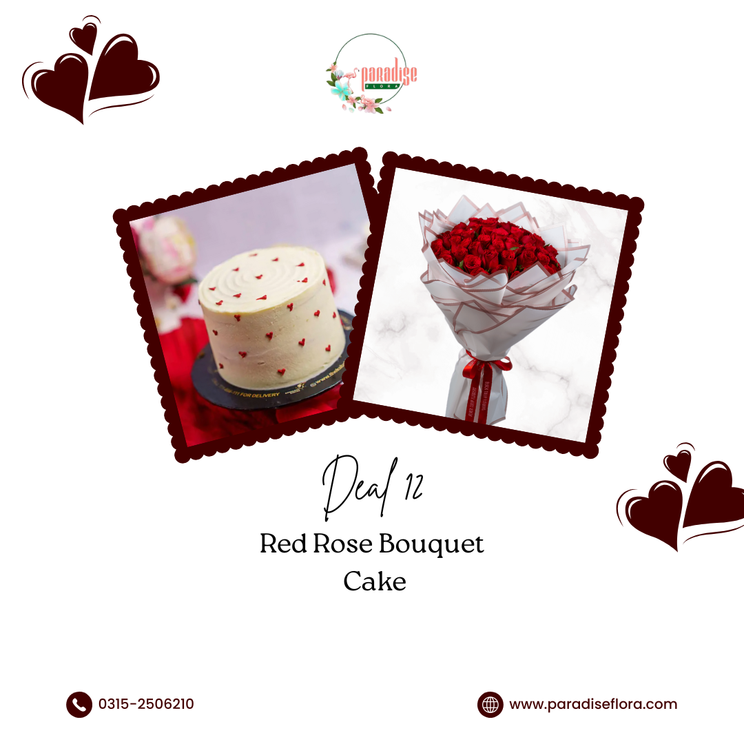 Classic Red Rose Bouquet & Heart-Themed Cream Cake