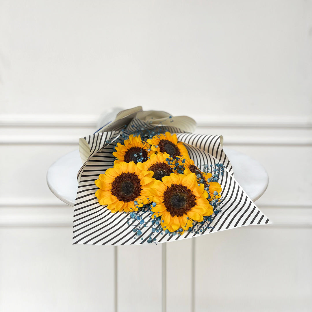 Radiant Sunflower Bouquet in Striped Wrap