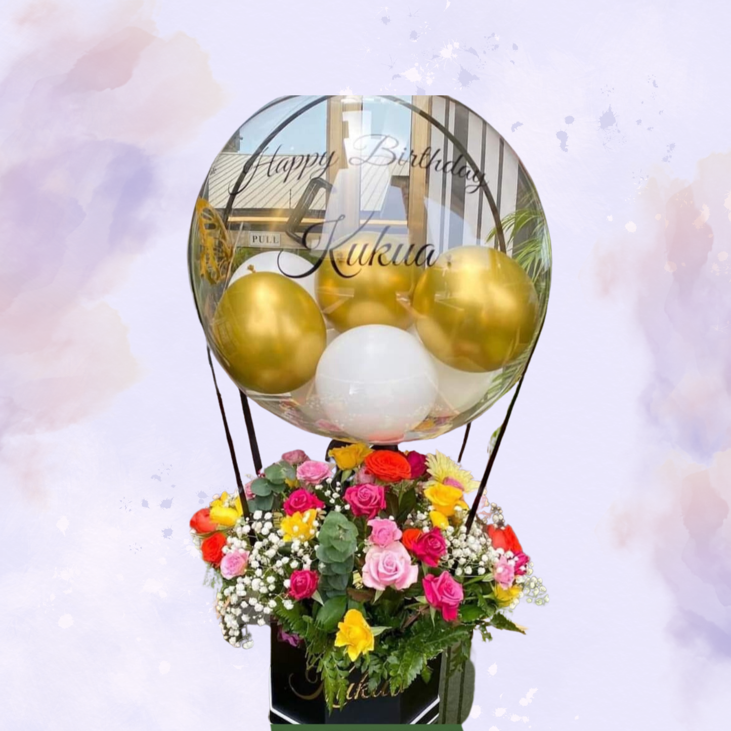Colorful Mixed Rose & Daisy Basket with Personalized Gold & White Balloon