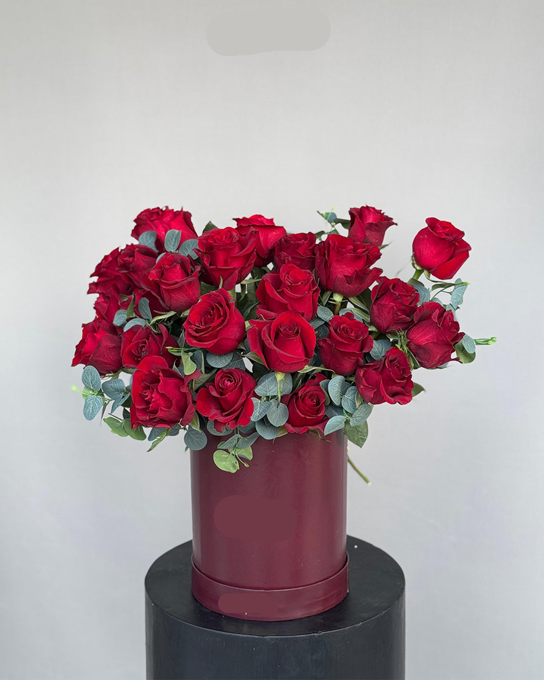 Elegant Red Roses Box Arrangement with Eucalyptus