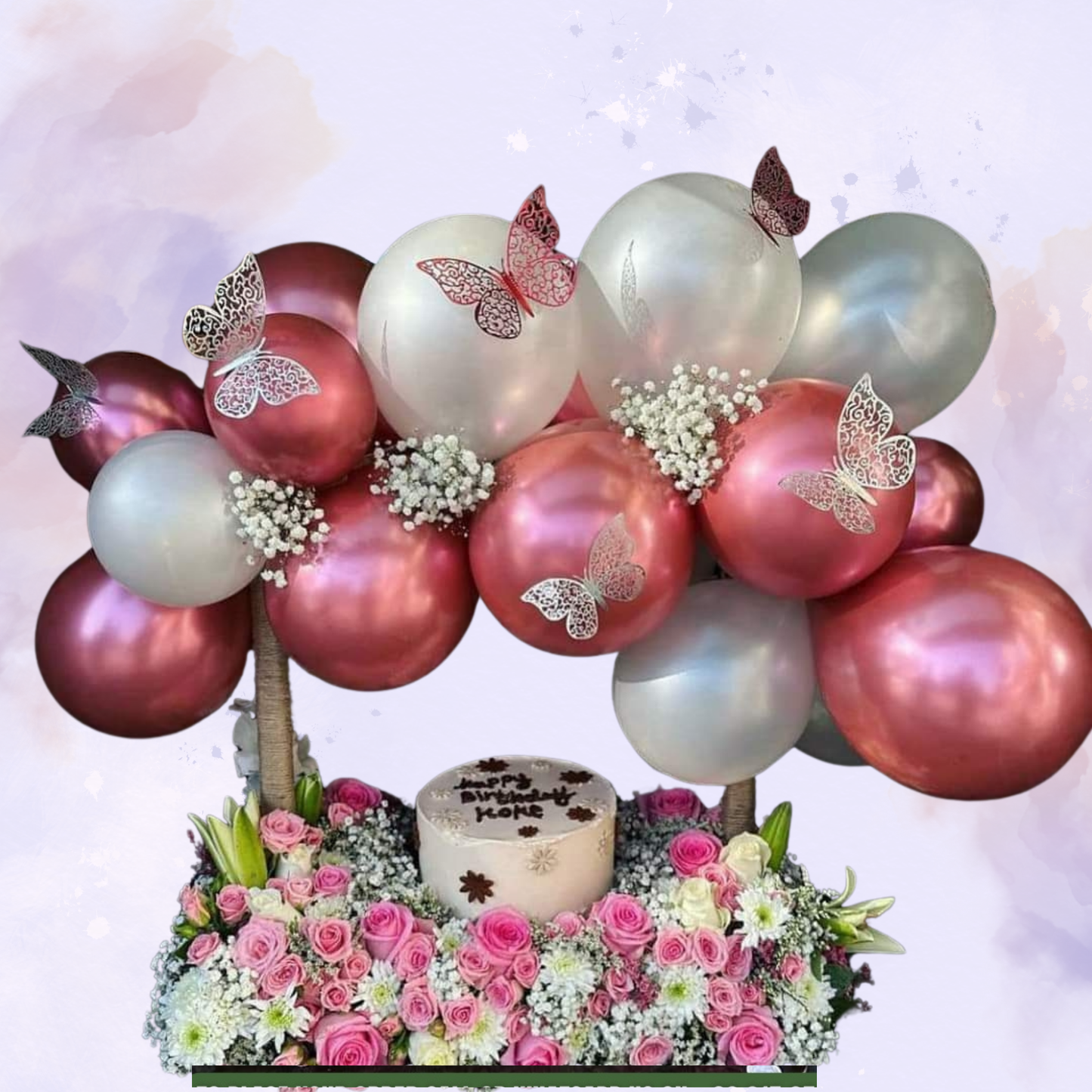 Elegant Pink Rose & Lily Floral Box with Metallic Balloons and Birthday Cake
