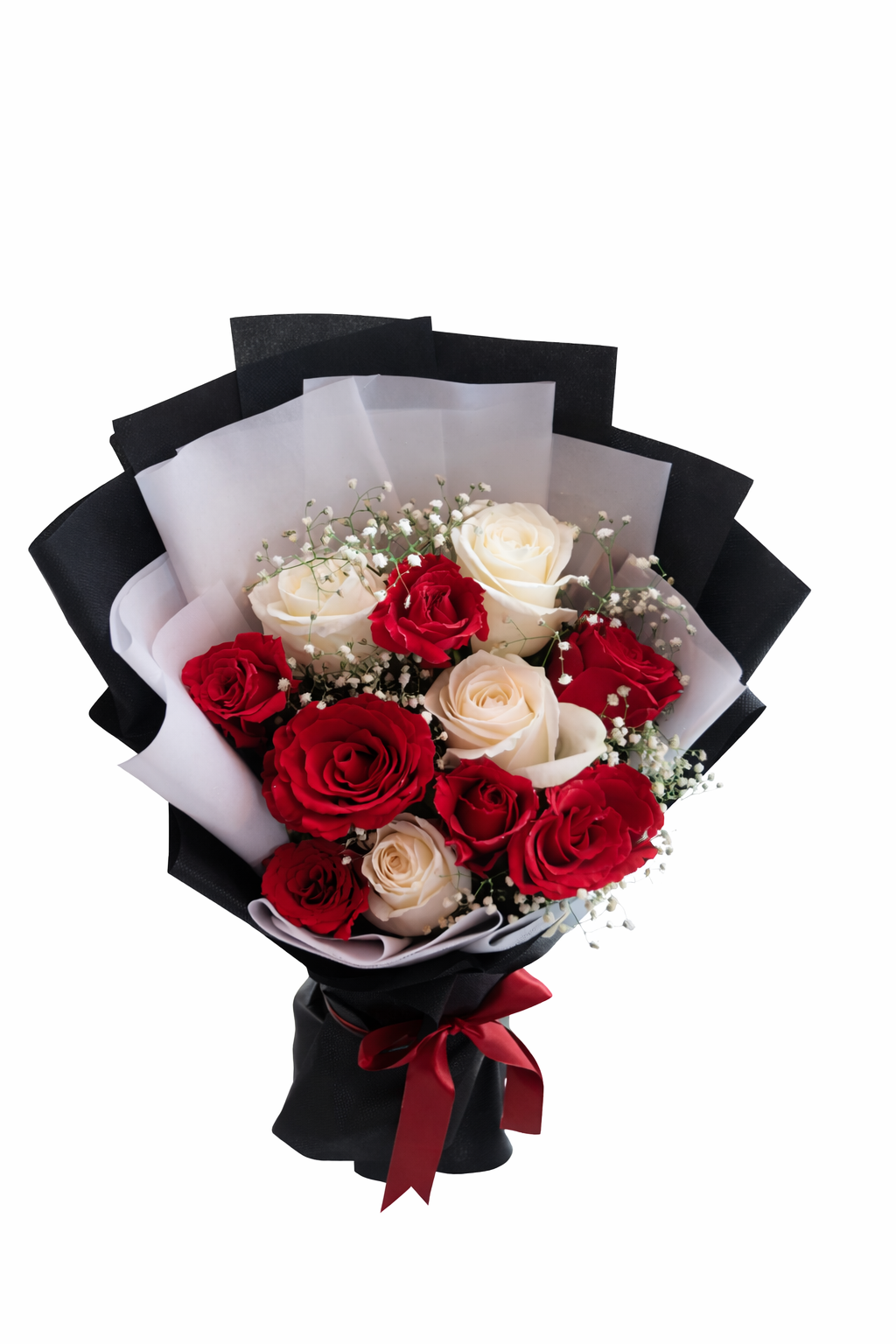 Elegant Red and White Rose Bouquet in Black & White Wrap