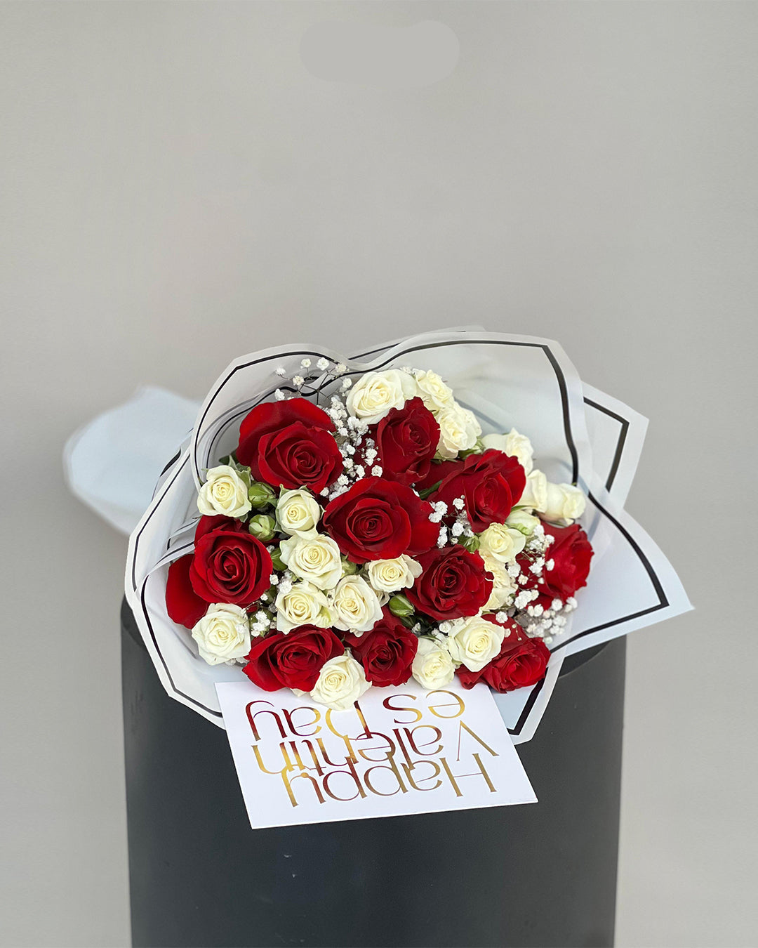 Premium Red and White Rose Bouquet with Happy Valentine’s Day Card