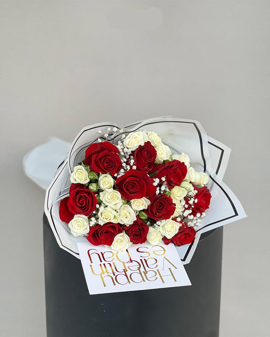 Premium Red and White Rose Bouquet with Happy Valentine’s Day Card