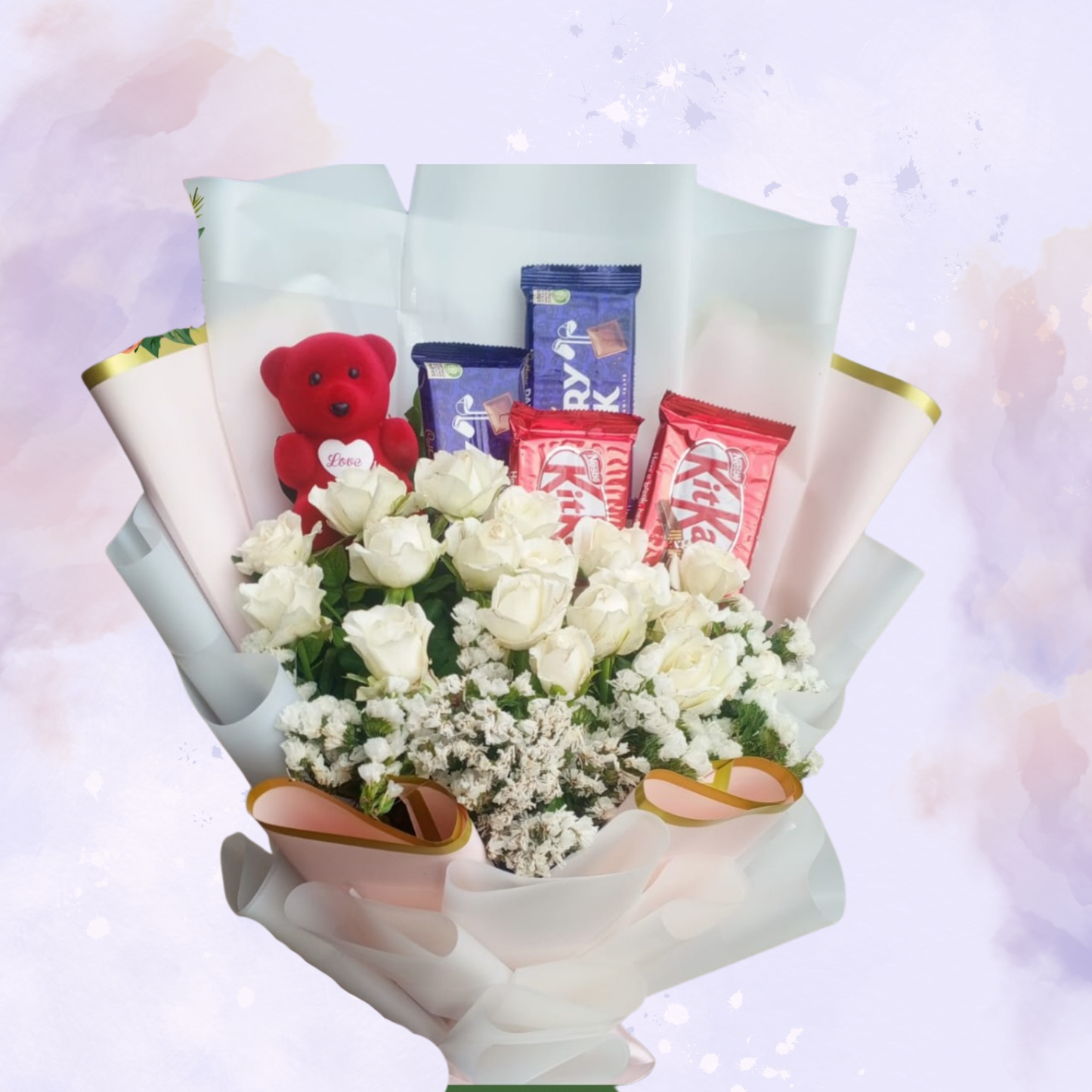 White Rose Bouquet with KitKat, Dairy Milk, and Red Teddy Bear