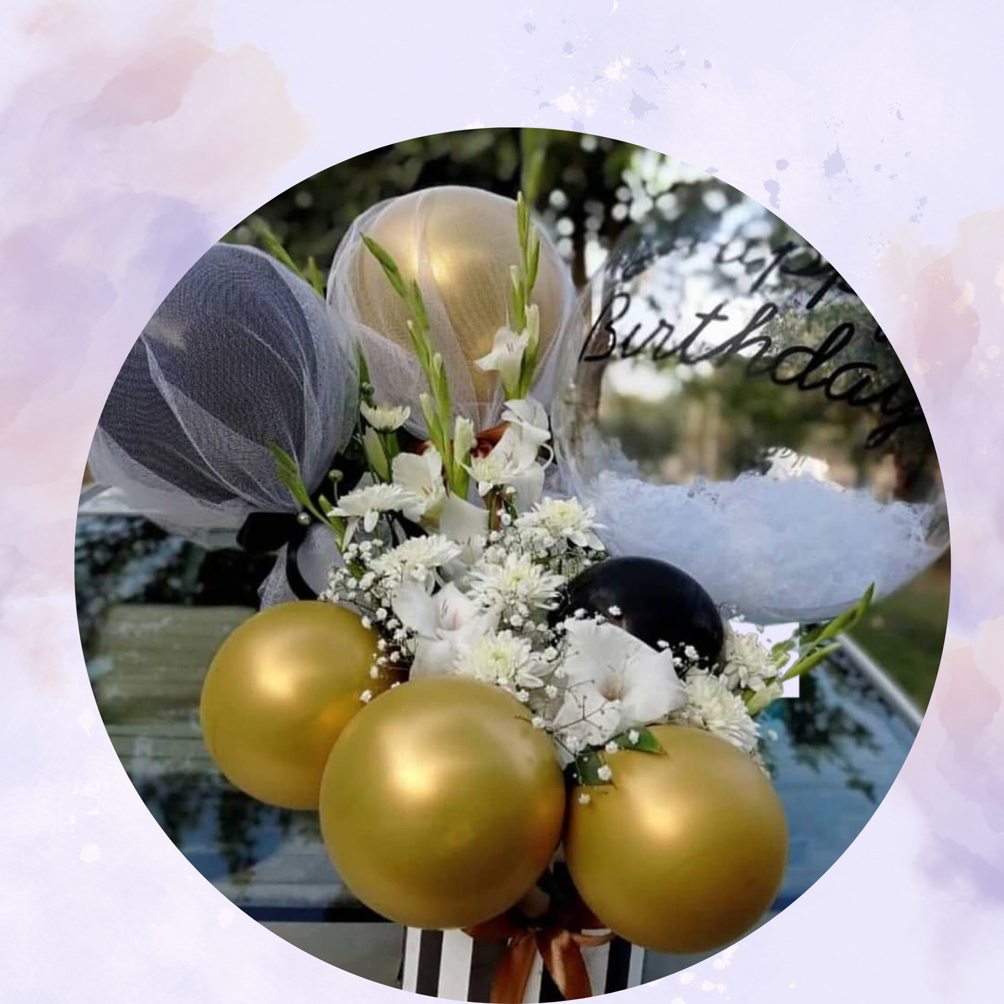 Elegant Gold & White Birthday Balloon Floral Box