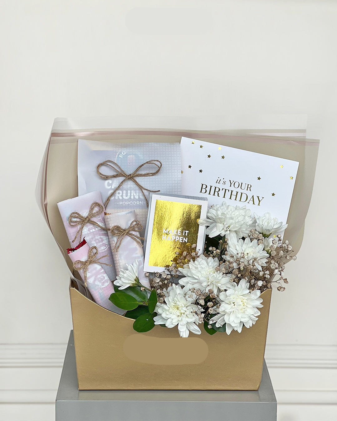 Elegant White Chrysanthemum Birthday Gift Box with Treats