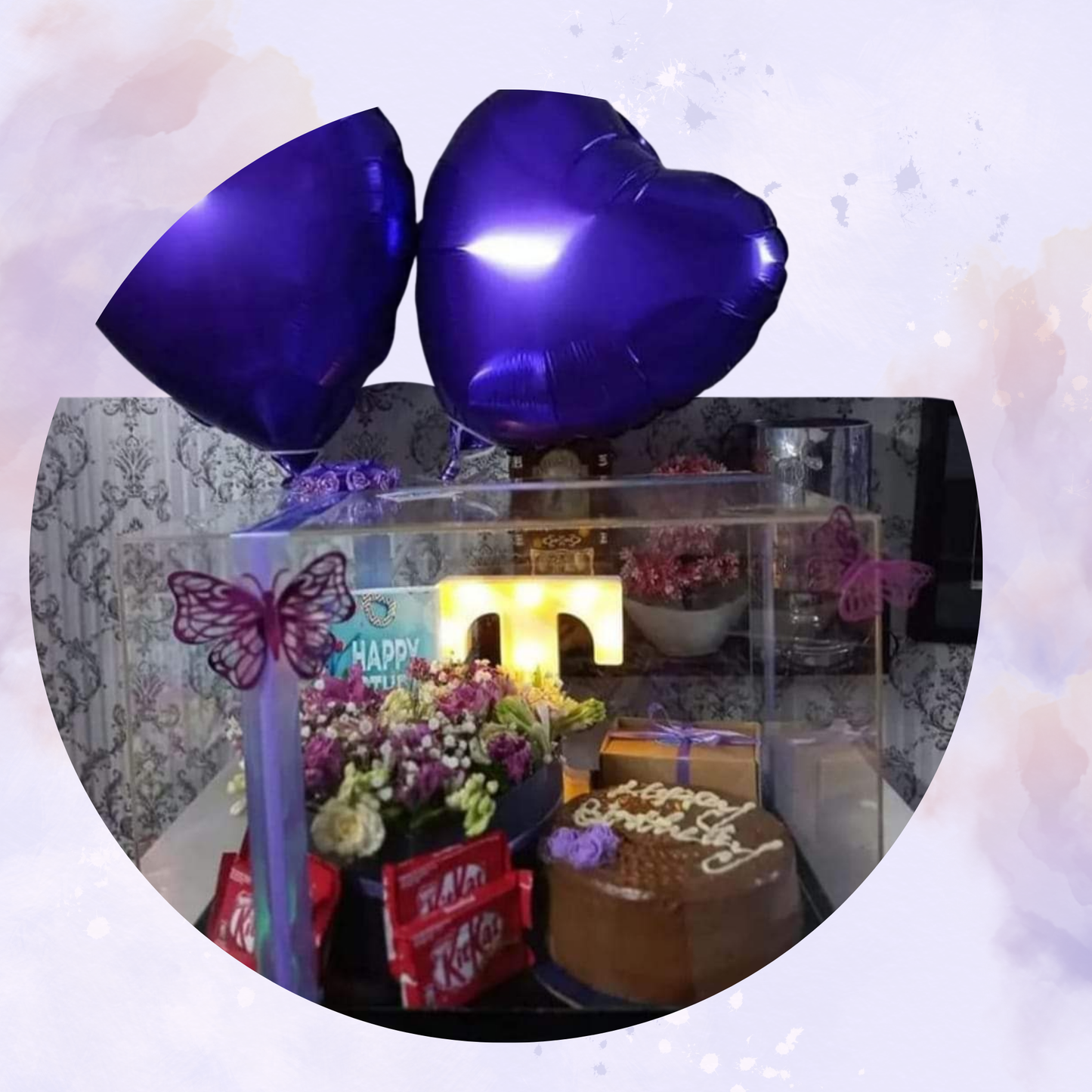 Purple Heart Balloons & Mixed Floral Acrylic Gift Box with Cake