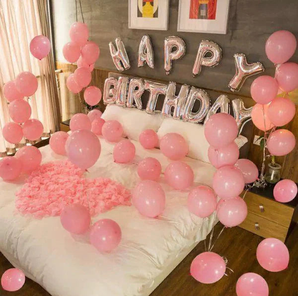 Pink Balloon Birthday Bed Decoration with Silver Foil Lettering
