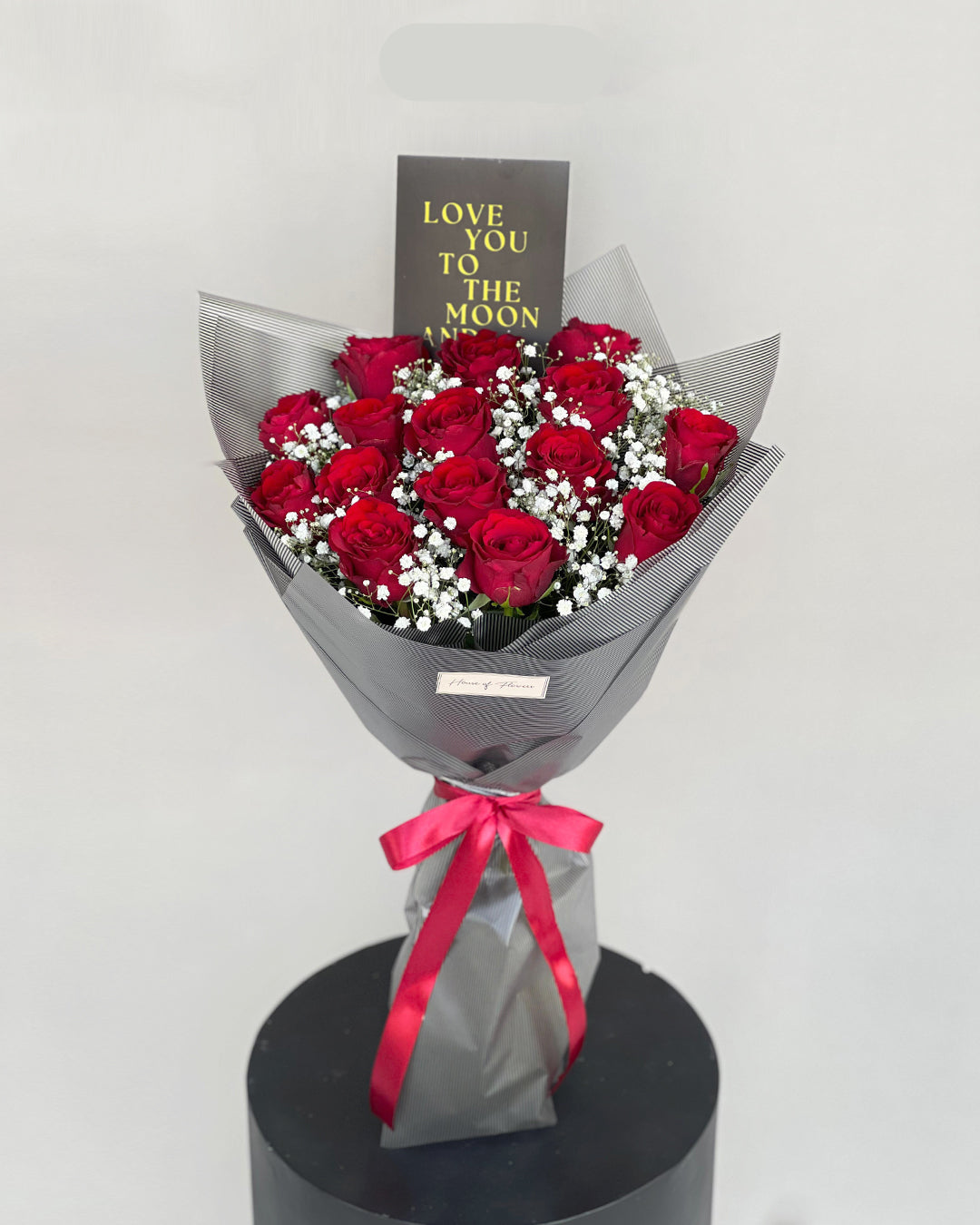 Classic Red Rose & Baby’s Breath Bouquet in Charcoal Wrap