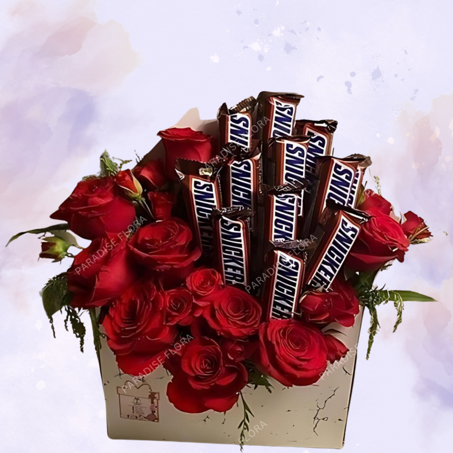 Red Roses & Snickers Chocolate Box Arrangement