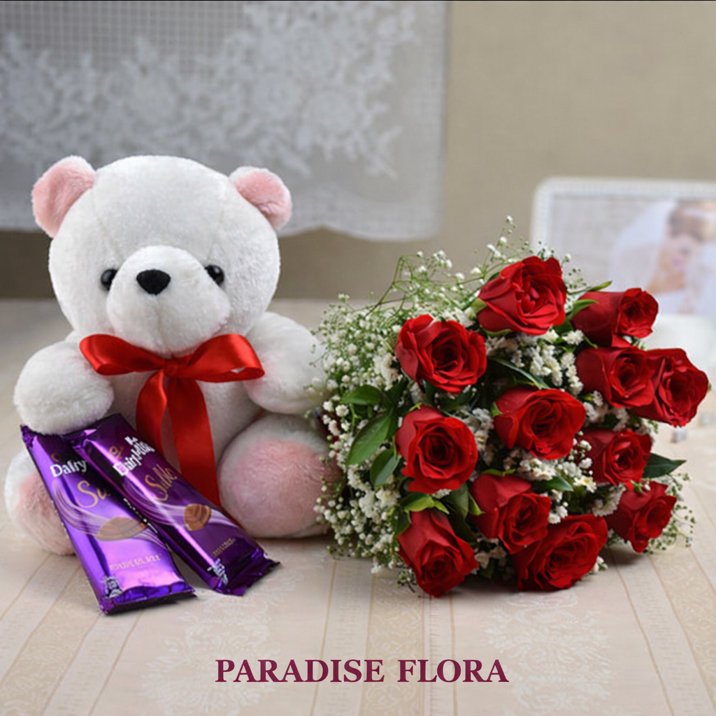 Red Rose Bouquet with White Teddy Bear & Dairy Milk Silk Chocolates