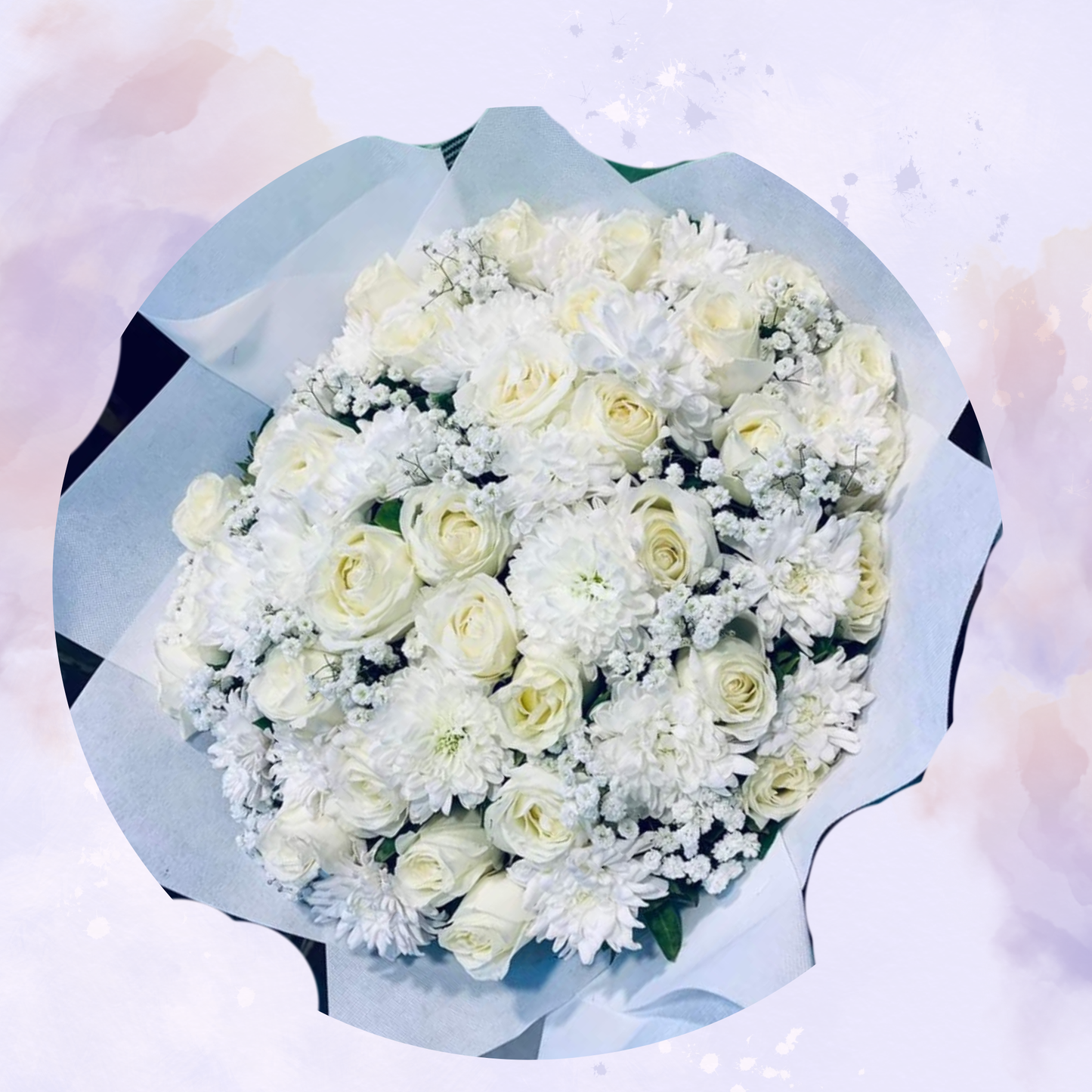 Elegant White Rose & Chrysanthemum Bouquet with Baby's Breath