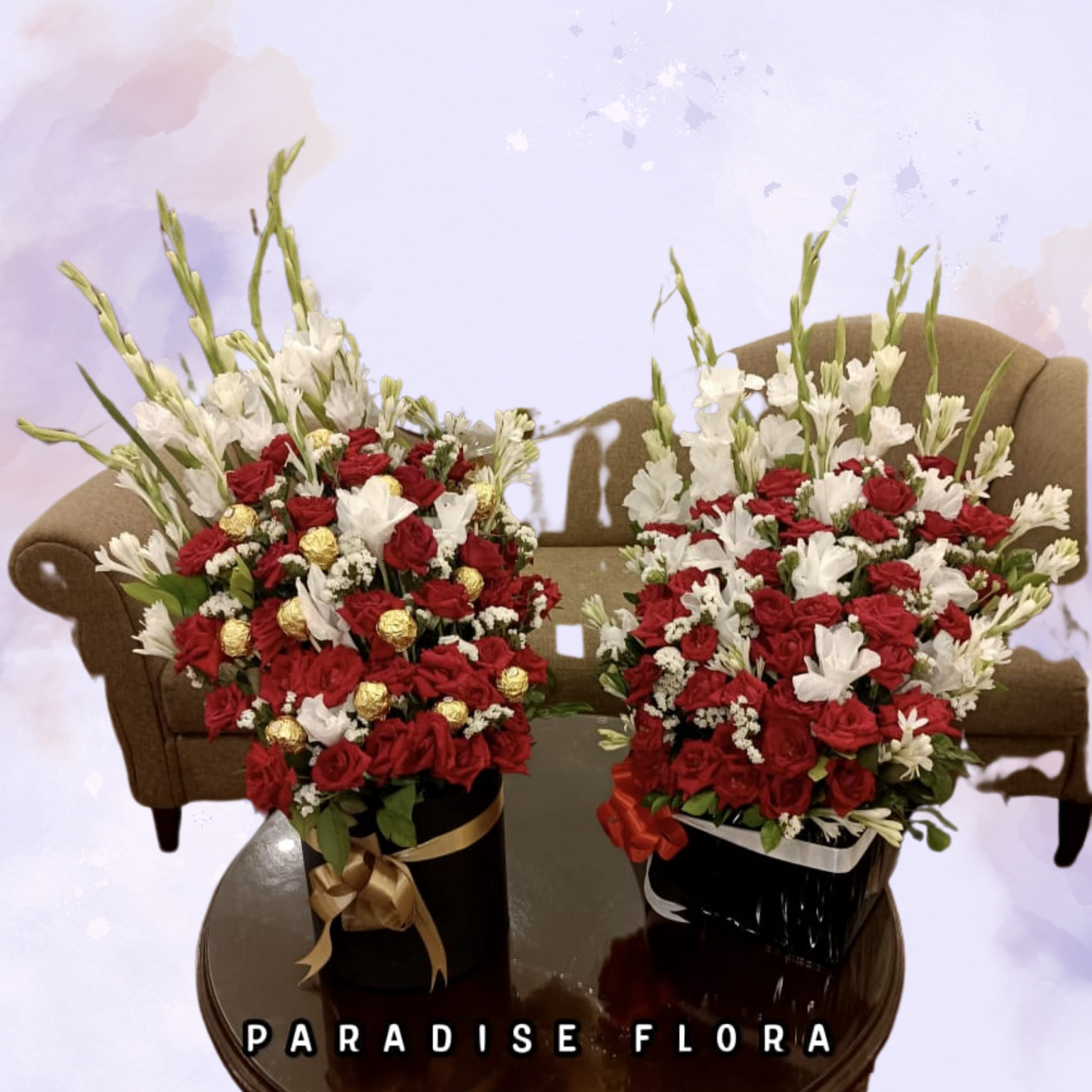 Elegant Red Rose & White Gladiolus Floral Box with Chocolates