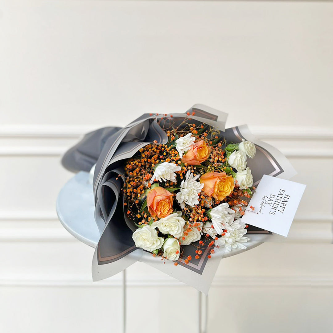 Orange Roses & White Chrysanthemum Bouquet in Black Wrap