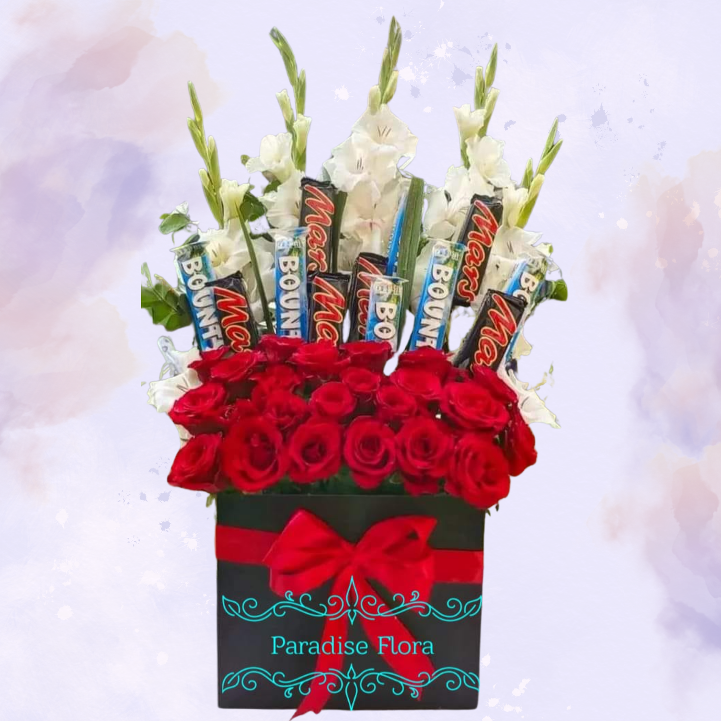 Premium Red Rose & White Gladiolus Box with Chocolate Assortment