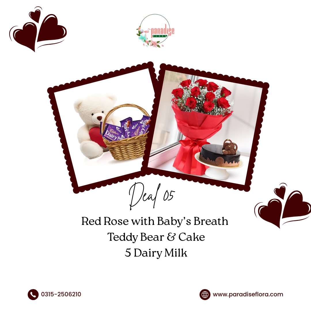 Red Rose Bouquet with Baby’s Breath, Teddy, Cake & Dairy Milk Combo