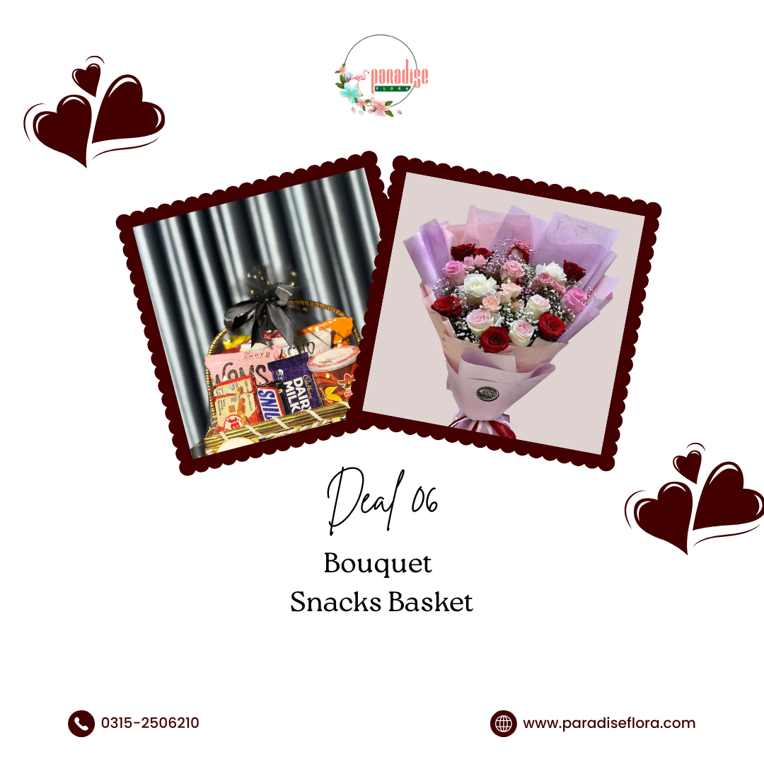 Red & Pink Rose Bouquet with Chocolate Snacks Basket
