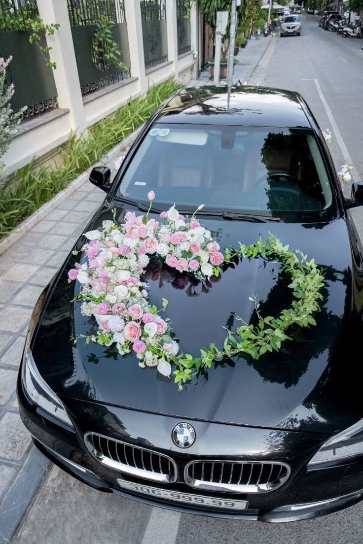 Elegant Heart-Shaped Car Flower Decor with Pink & White Roses