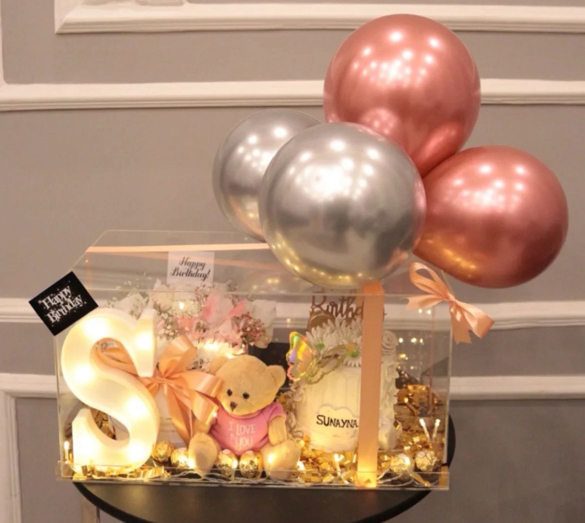 Premium Personalized Birthday Acrylic Box with LED Alphabet, Teddy & Cake