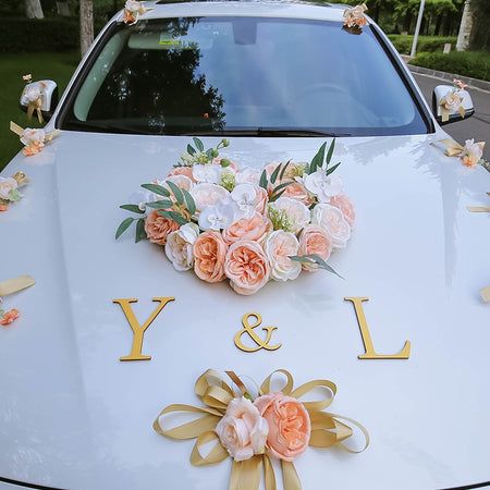 Heart-Shaped Peach & White Rose Wedding Car Decoration