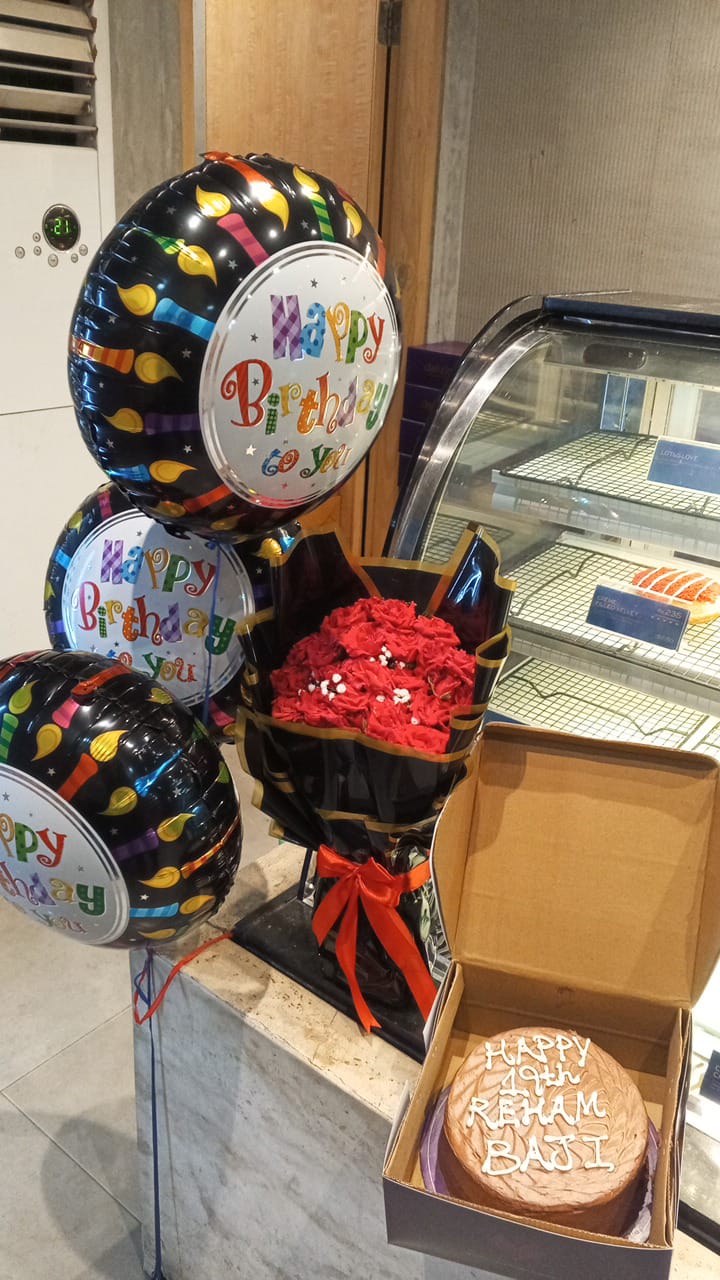 Premium Red Rose Bouquet with Birthday Cake & Balloons Combo