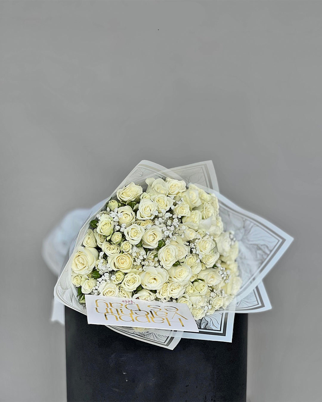 Elegant White Rose & Baby’s Breath Bouquet with Valentine’s Card