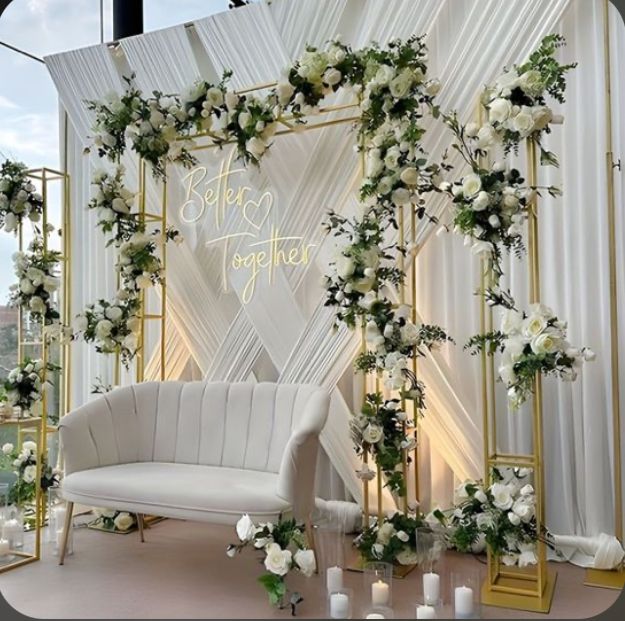 Elegant White Floral Wedding Backdrop with "Better Together" Neon Sign