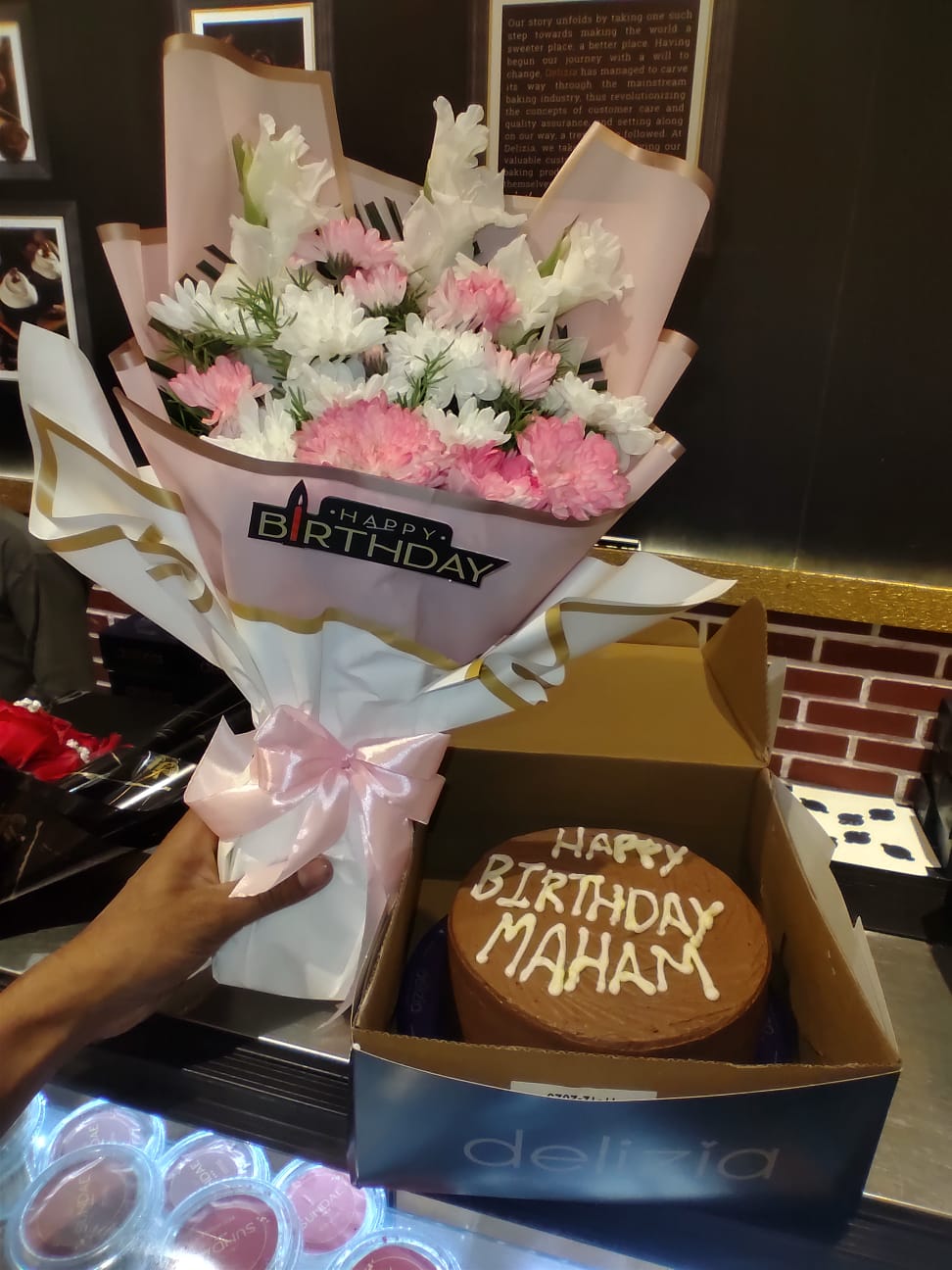 Pink & White Floral Bouquet with Birthday Chocolate Cake Combo