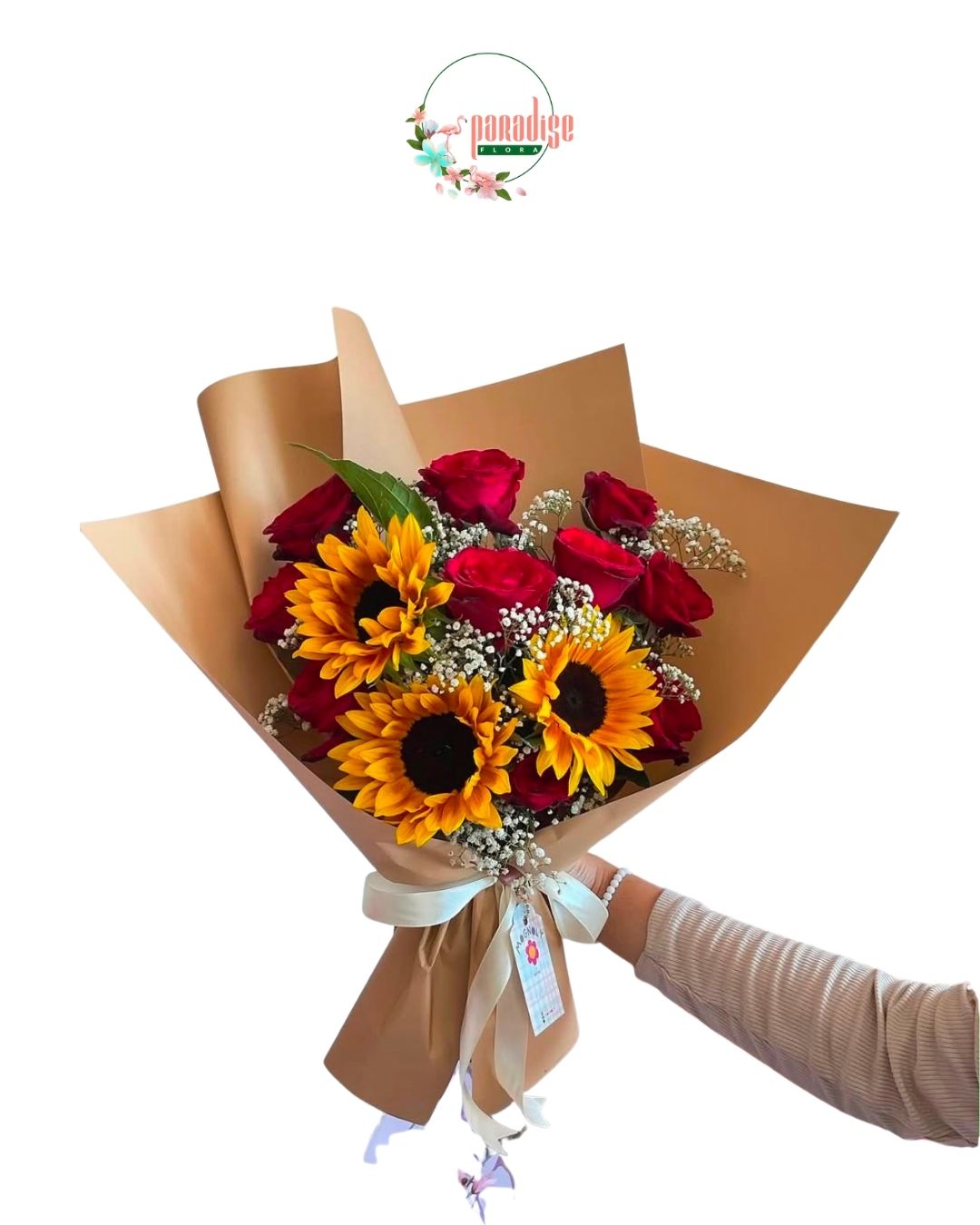 A combo of sunflowers with roses & babys breath