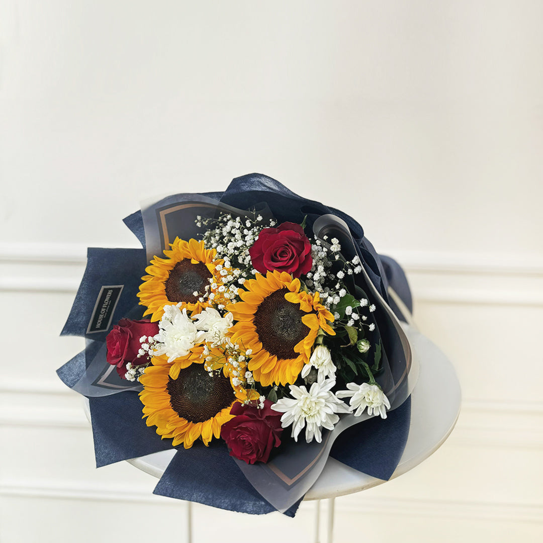 Sun-Kissed Crimson Bouquet with Sunflowers & Red Roses