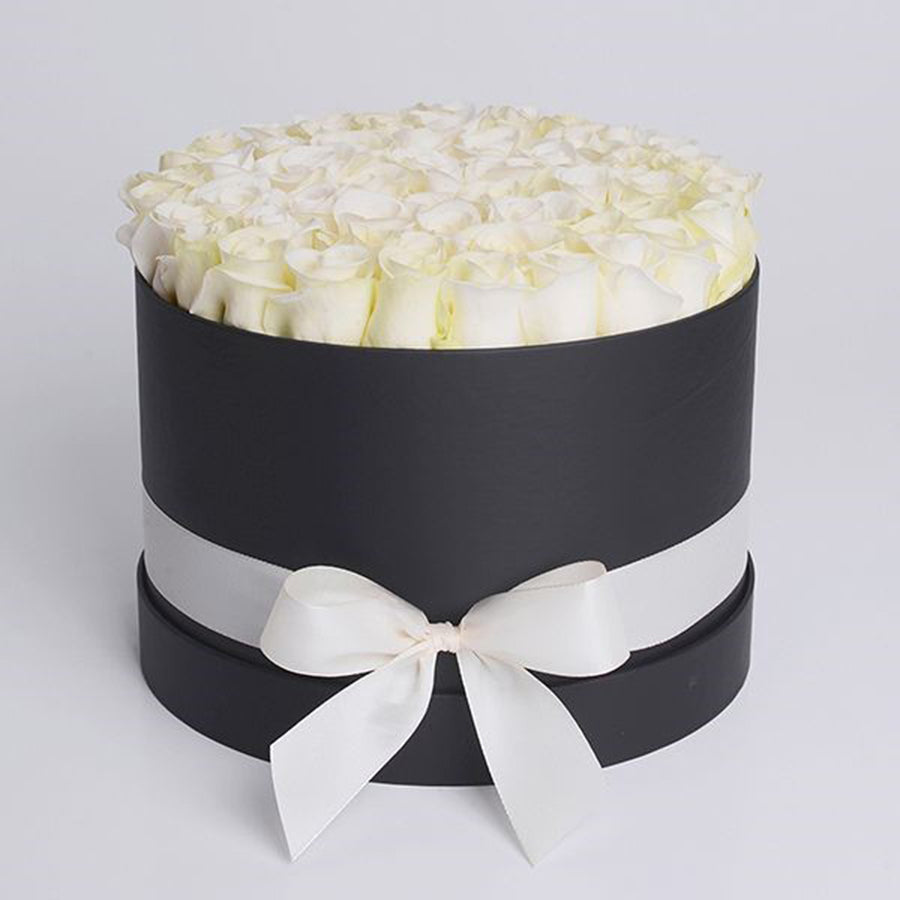 Elegant White Roses in Premium Black Round Box