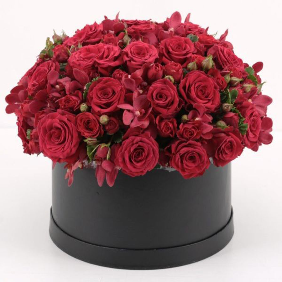 Elegant Red Rose & Orchid Arrangement in Black Round Box