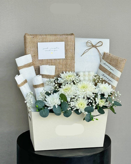 Elegant White Chrysanthemum & Eucalyptus Gift Box