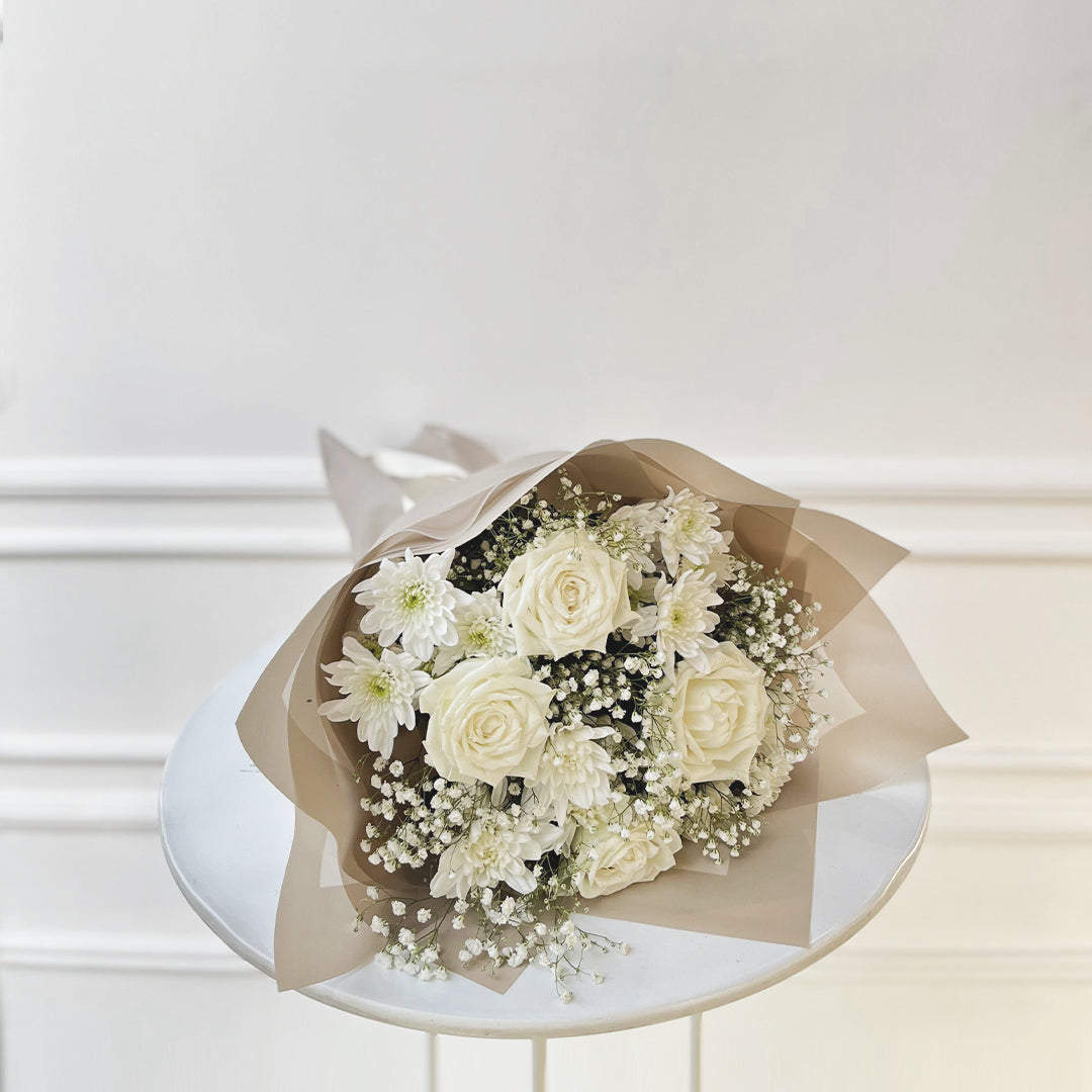 Pure White Roses & Chrysanthemum Bouquet