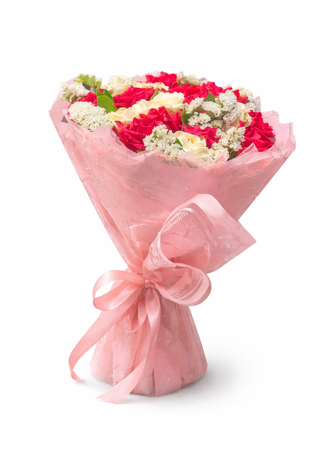 Elegant Red & Cream Rose Bouquet in Pink Mesh Wrap
