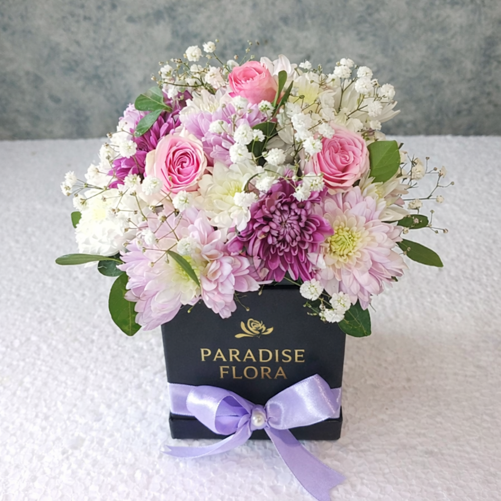 Elegant Pastel Mixed Floral Box with Lavender Ribbon