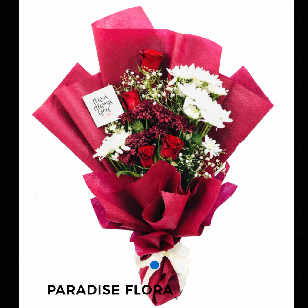 Classic Red & White Rose Bouquet with Maroon Chrysanthemums