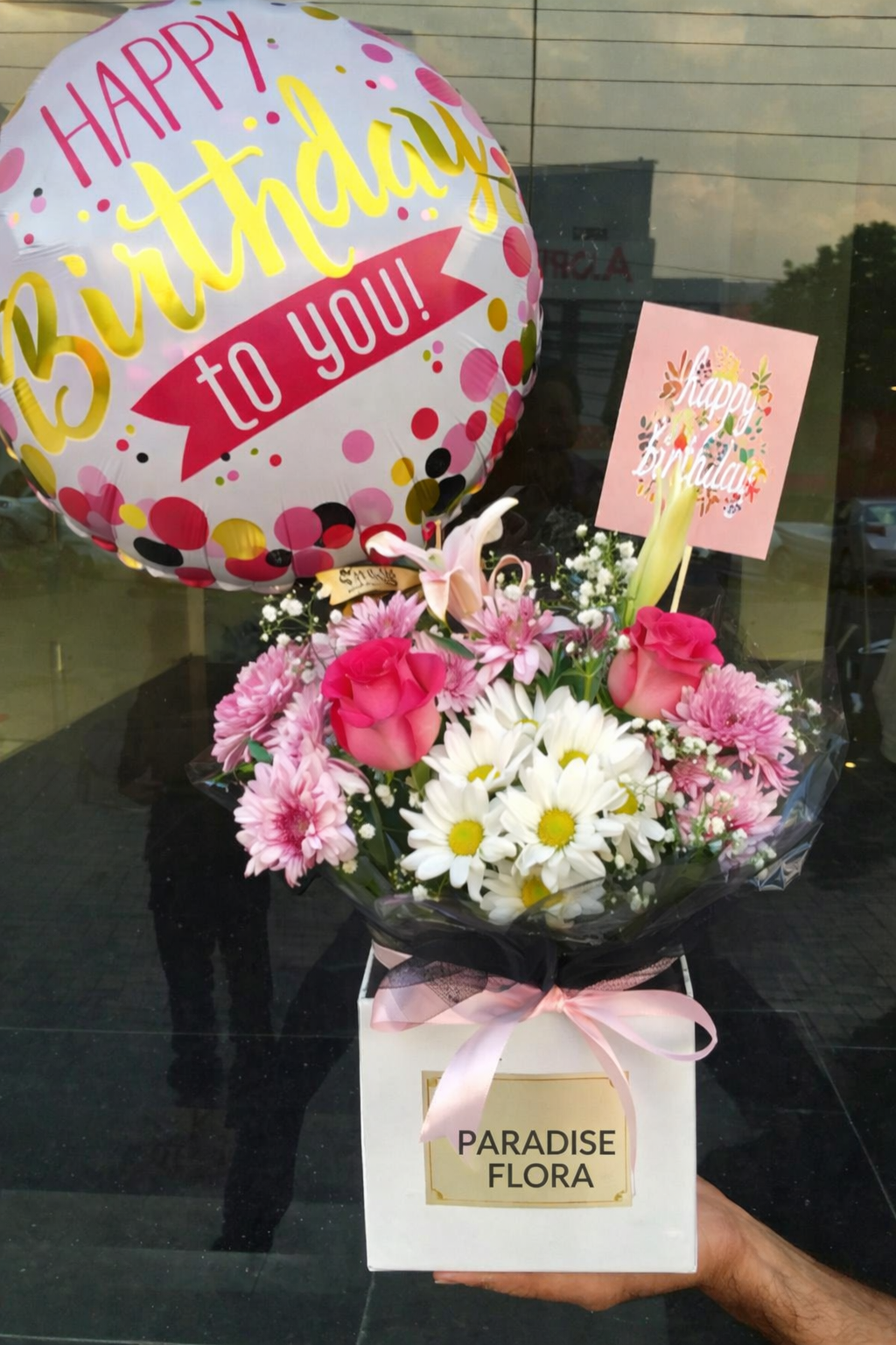 Pink Rose & Daisy Birthday Gift Box with Balloon