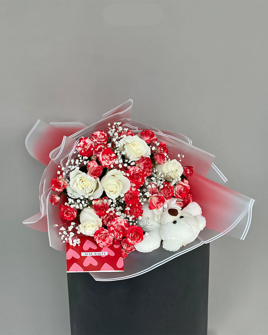 Red & White Rose Bouquet with Teddy Bear and Heart Card