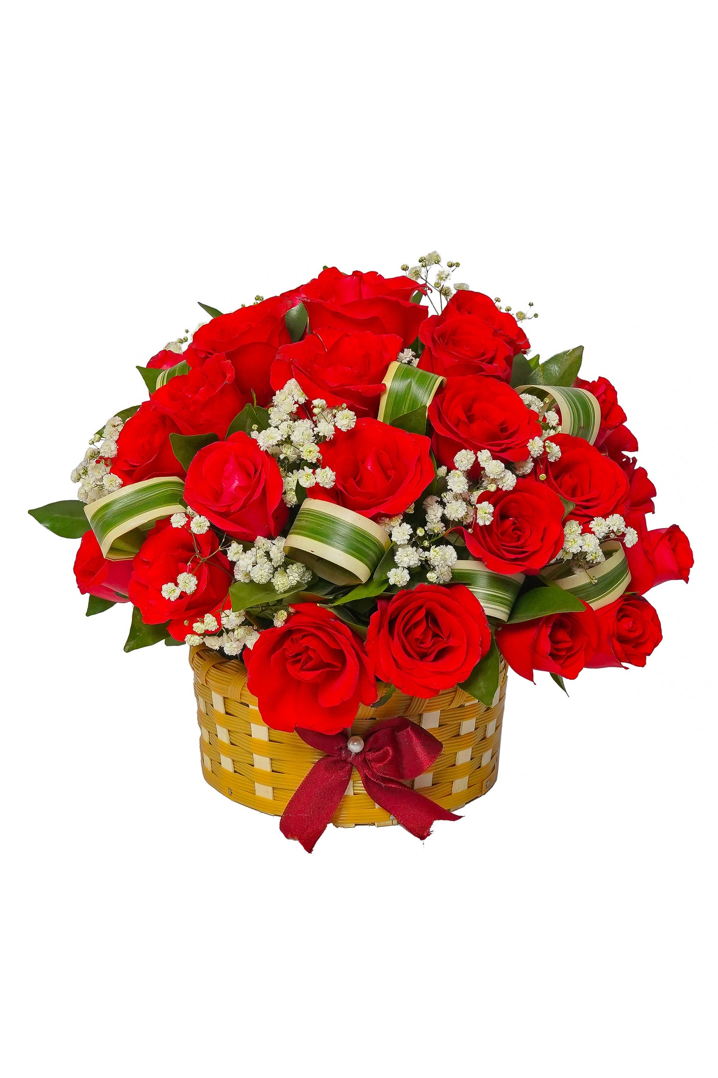 Classic Red Rose Basket with Baby’s Breath & Ribbon