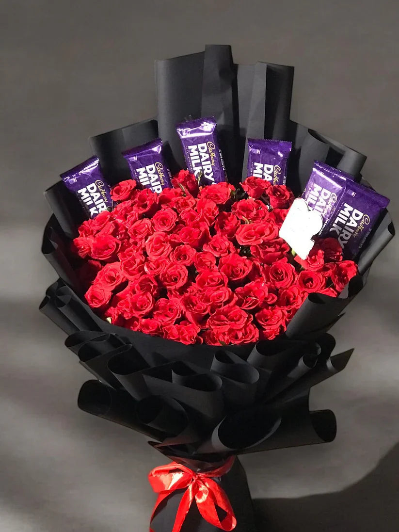 Massive Red Rose Bouquet with Dairy Milk Chocolate Bars