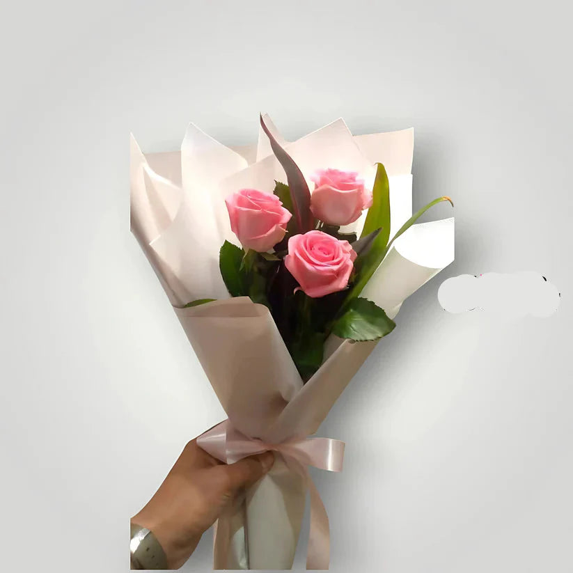 Three Pink Roses Bouquet in Elegant White Wrap