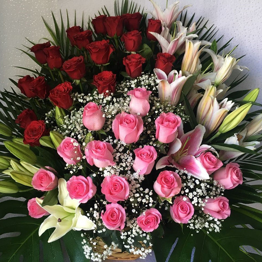 Premium Red & Pink Rose Basket with Lilies and Baby's Breath