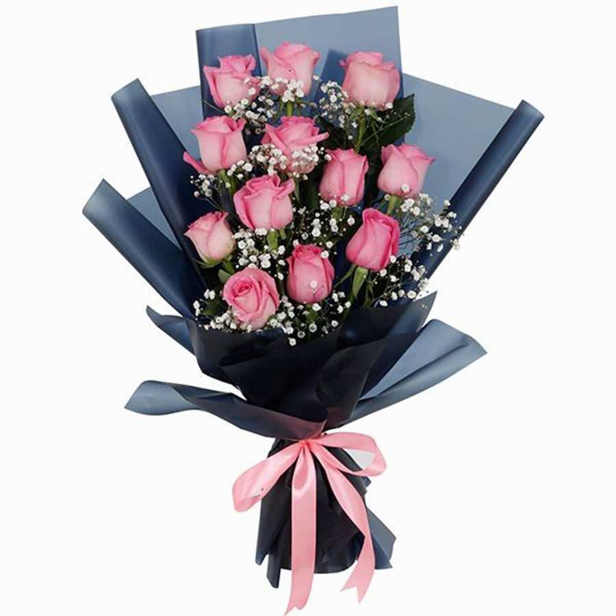 Elegant Dozen Pink Rose Bouquet with Baby’s Breath