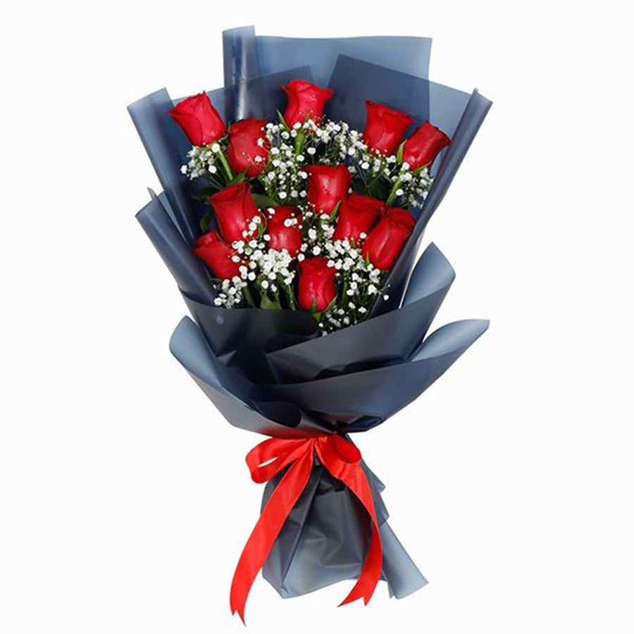 A Dozen Radiant Red Roses in Midnight Blue Wrap