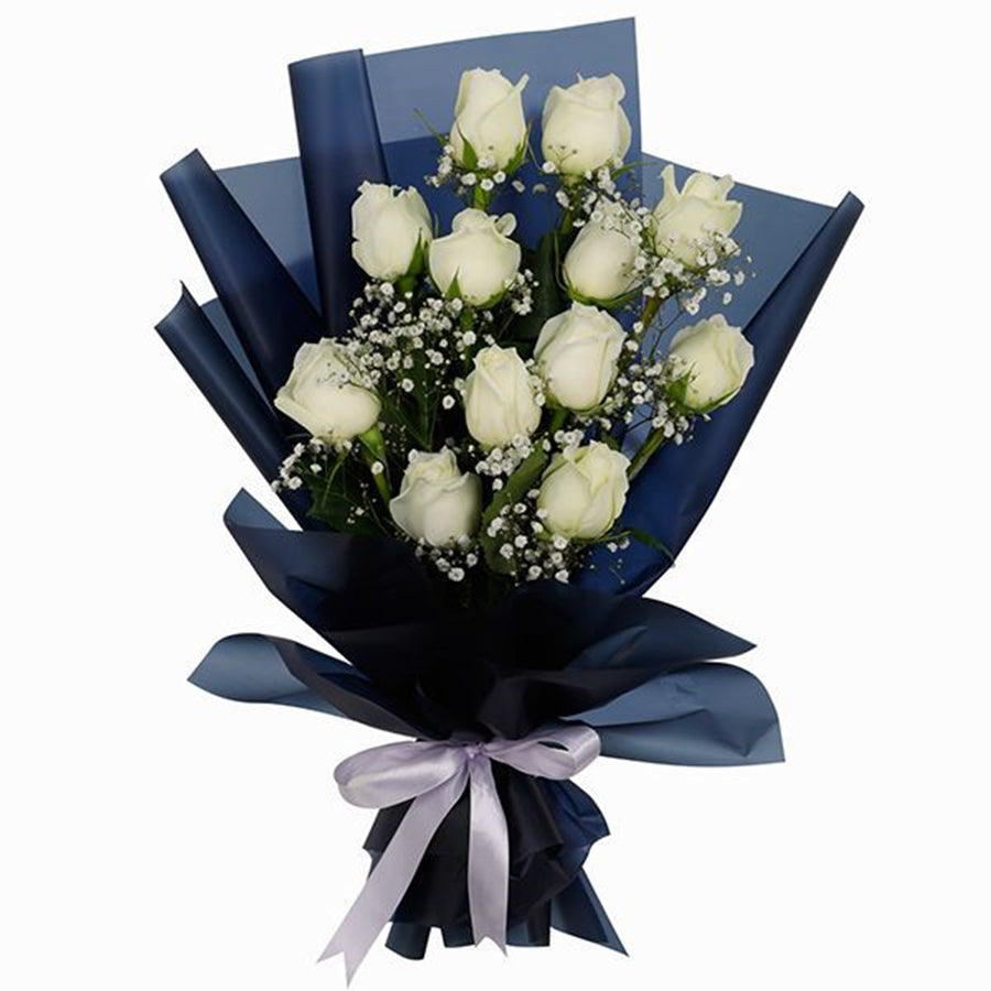 Elegant Dozen White Roses in Midnight Blue Wrap