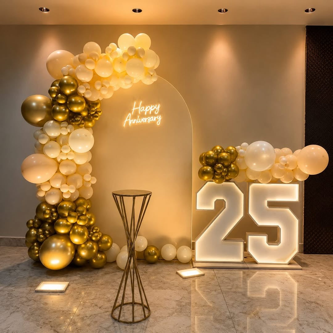Elegant Beige and Gold Anniversary Decor